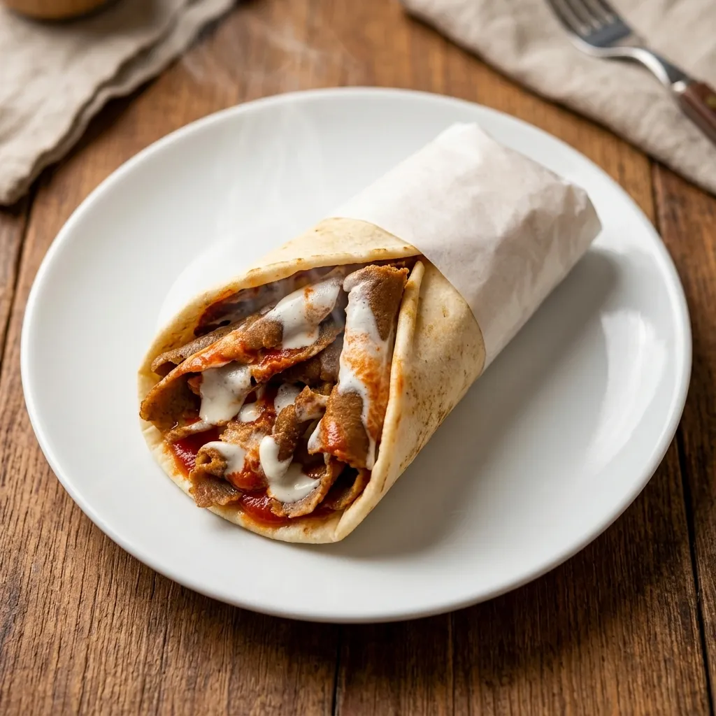 Halal beef donair wrap with sweet donair sauce on 17 St NW, Edmonton