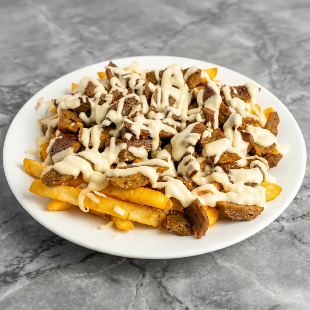 Beef donair poutine with crispy fries, cheese curds, gravy and halal beef donair meat at BD Donair & Poutine, Edmonton