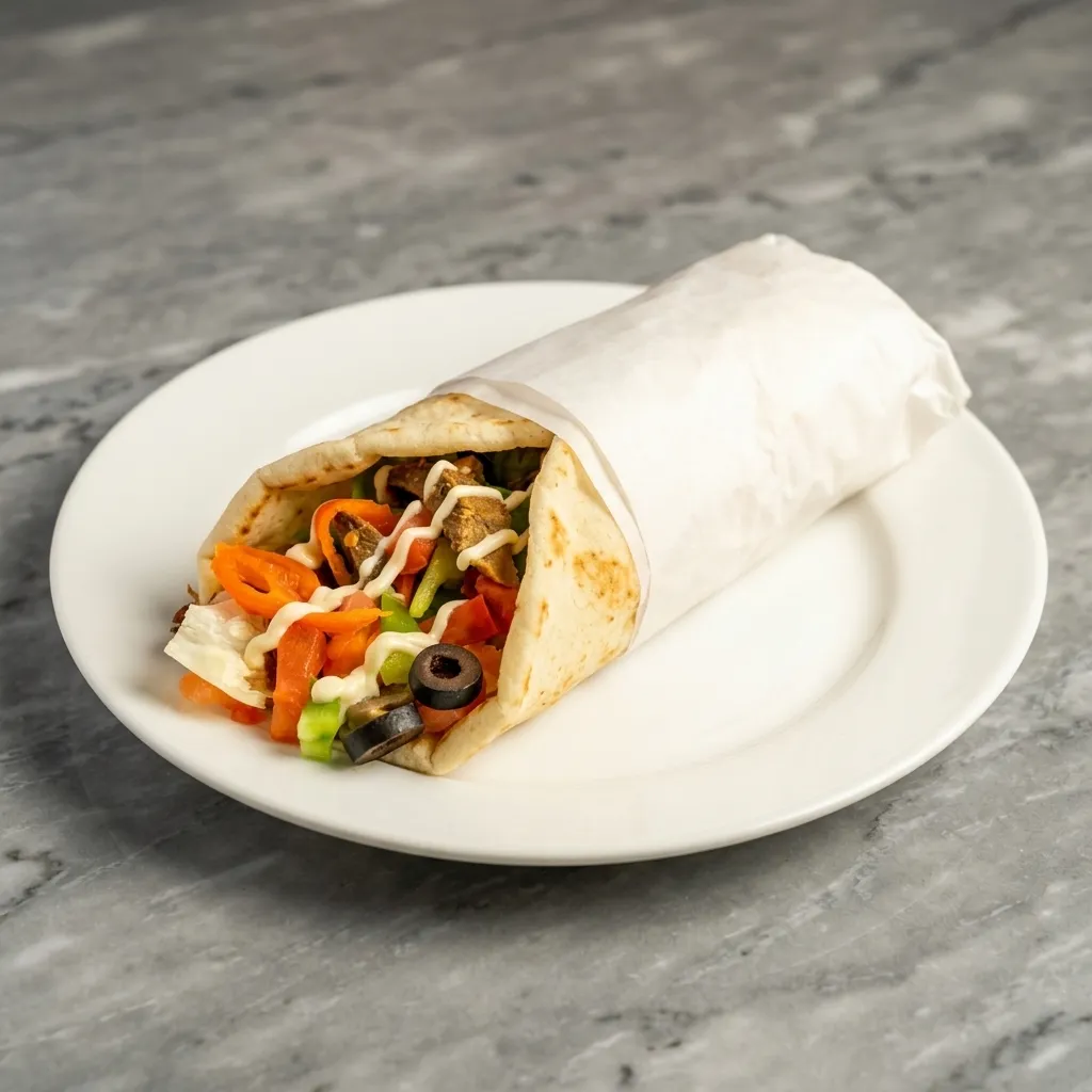 Halal beef donair wrap with fresh vegetables and sweet garlic sauce at BD Donair & Poutine in southeast Edmonton